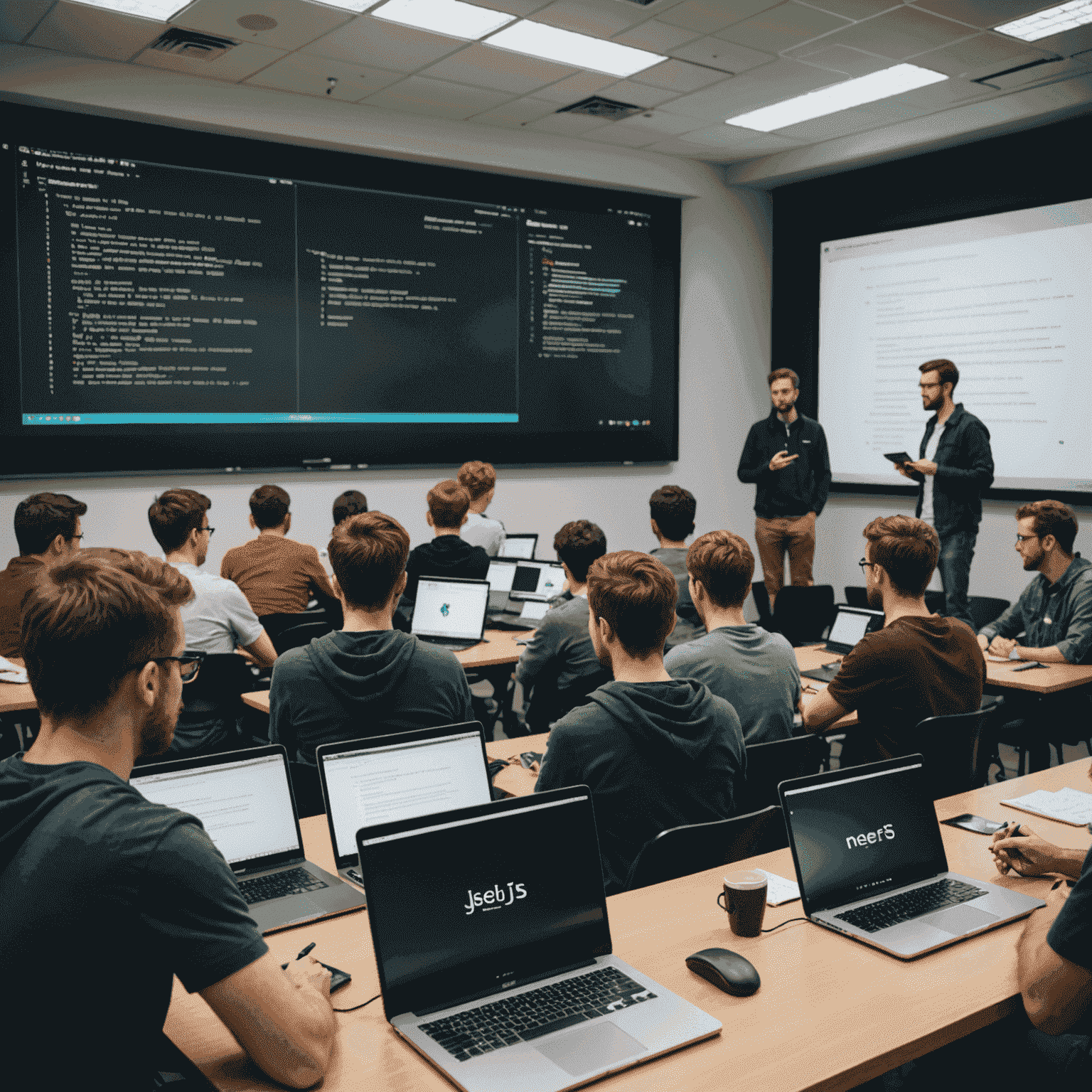 Instructor enseñando conceptos de Node.js a un grupo de estudiantes atentos, con código proyectado en una pantalla grande y estudiantes tomando notas en sus laptops